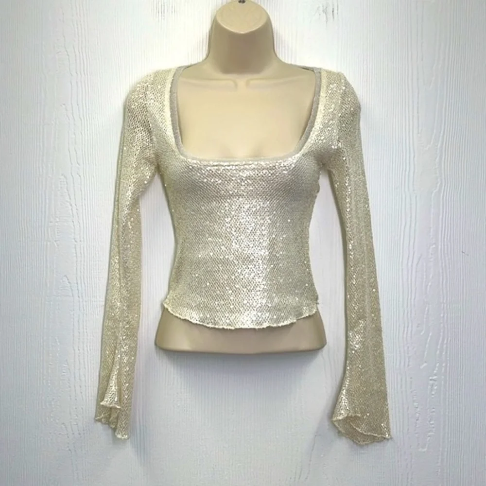 Free People - Late Night Disco Ivory Silver Sequins Embellishment Crop Blouse XS